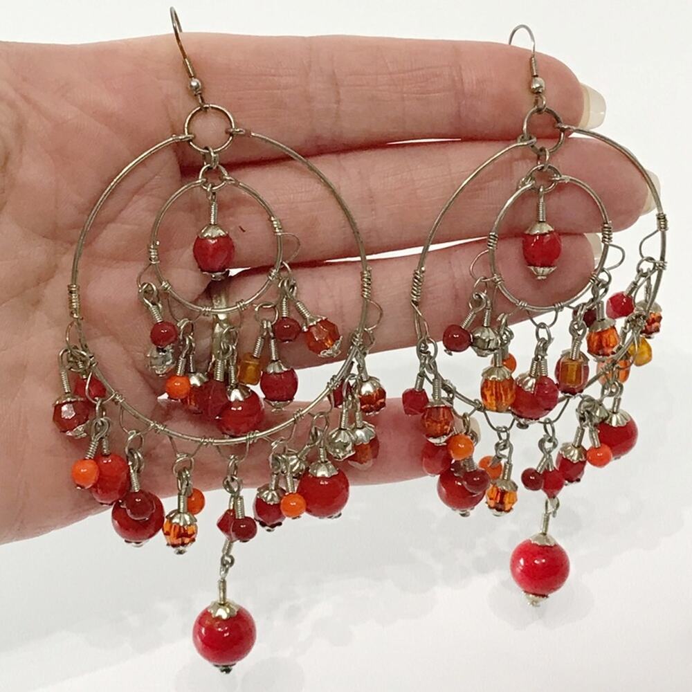 Chandelier Double Hoop Glass Bead Drop Oversized Statement Boho Tribal Earrings